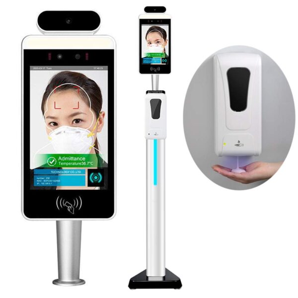 8 Inch Face Recognition Temperature Measurement Kiosk Build with Hand Sanitizer Dispenser, Support Face Comparison Library/Attendance Machine/Visitor Management System